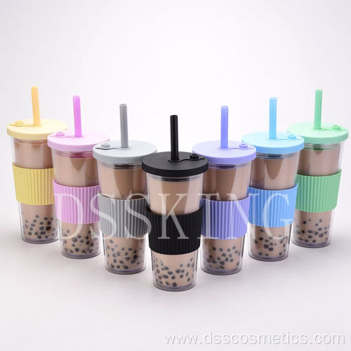 2022 New large capacity double layer plastic cup big Hole straw Portable outdoor straw cup